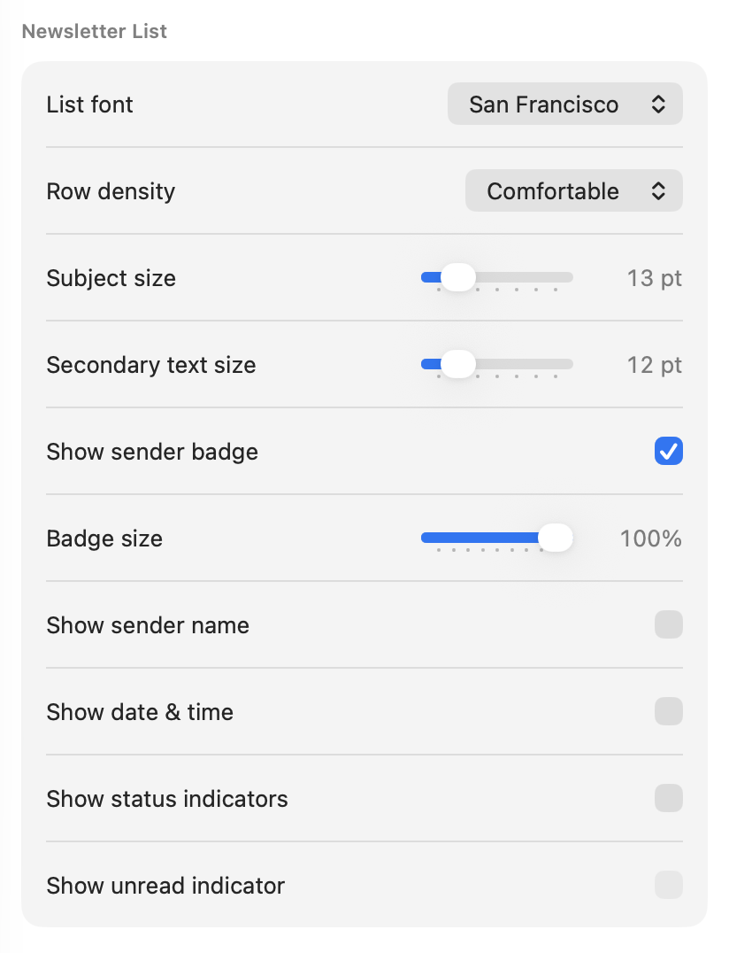 Newsletter list appearance controls in Letterboxx settings