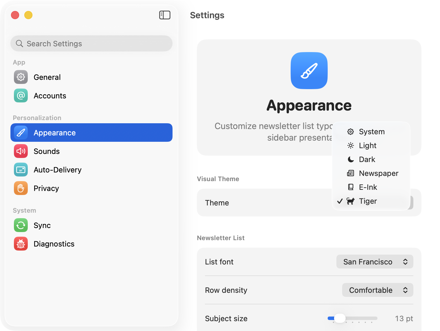 Letterboxx appearance settings window with theme and layout options