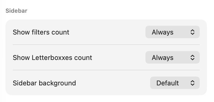 Sidebar appearance controls in Letterboxx settings