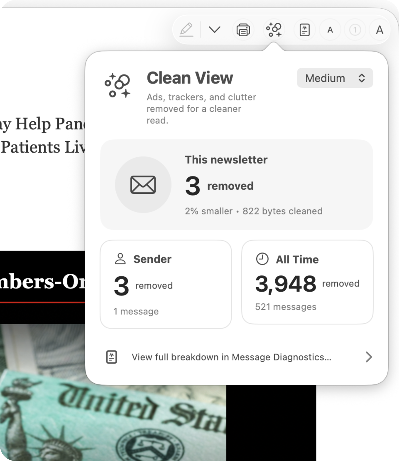 Letterboxx Clean View controls showing removed ads, trackers, and clutter