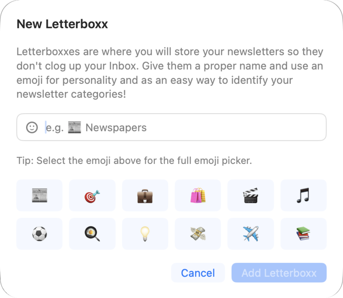 Letterboxx New Letterboxx setup dialog for naming newsletter categories with emoji
