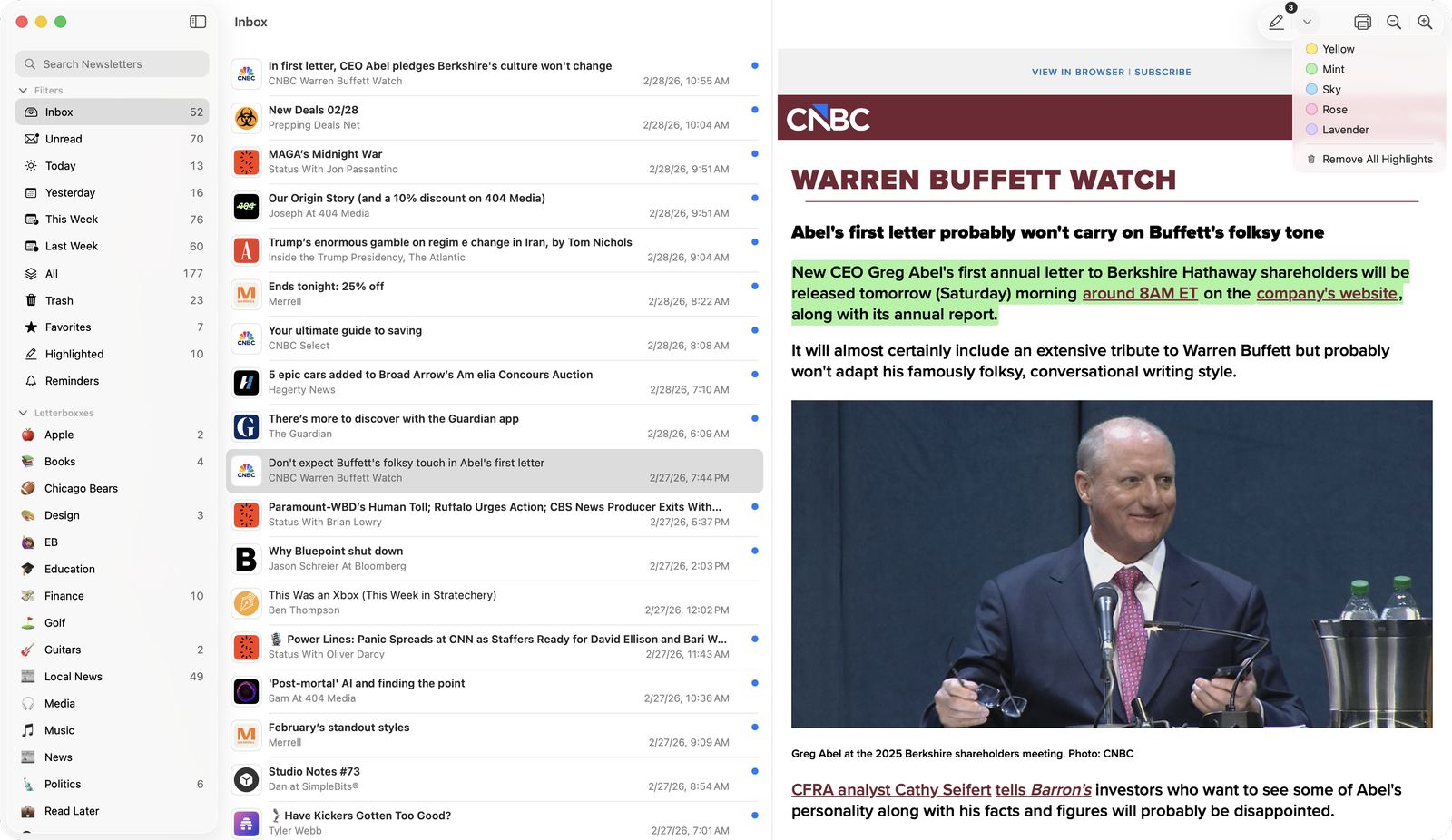Letterboxx sidebar and reader with highlighted content visible