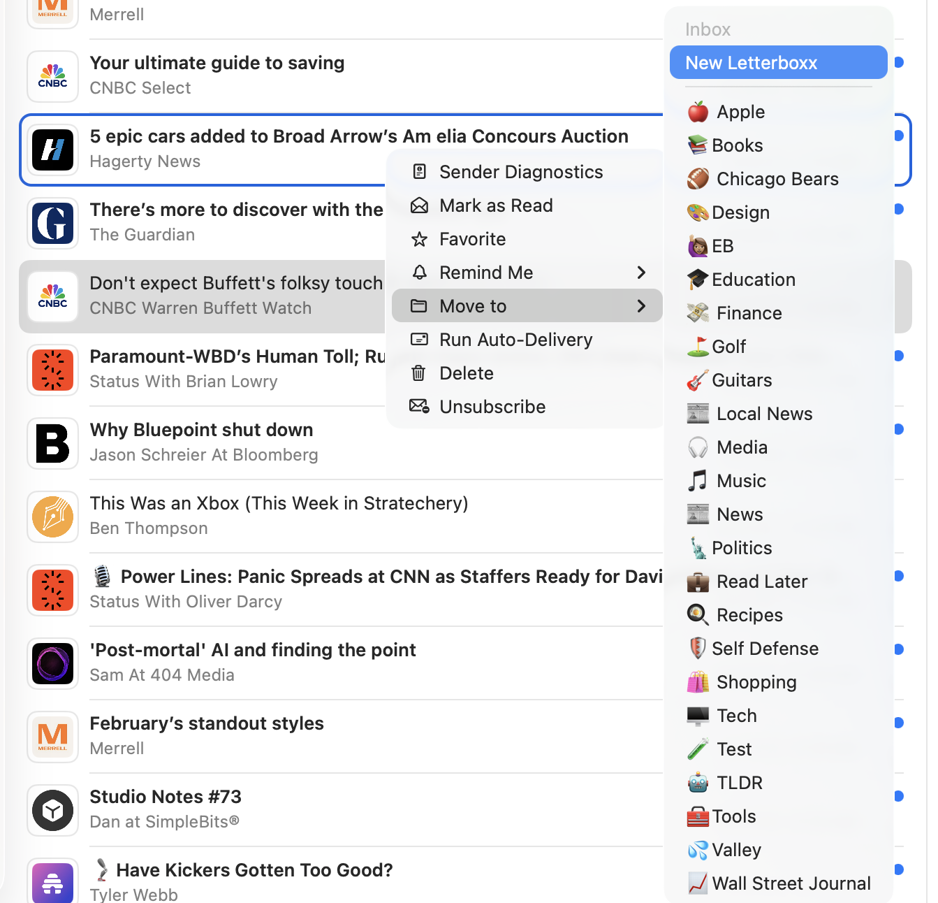 Context menu in Letterboxx message list showing move options for Letterboxxes