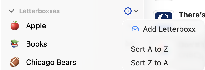 Sidebar context menu in Letterboxx showing folder management actions