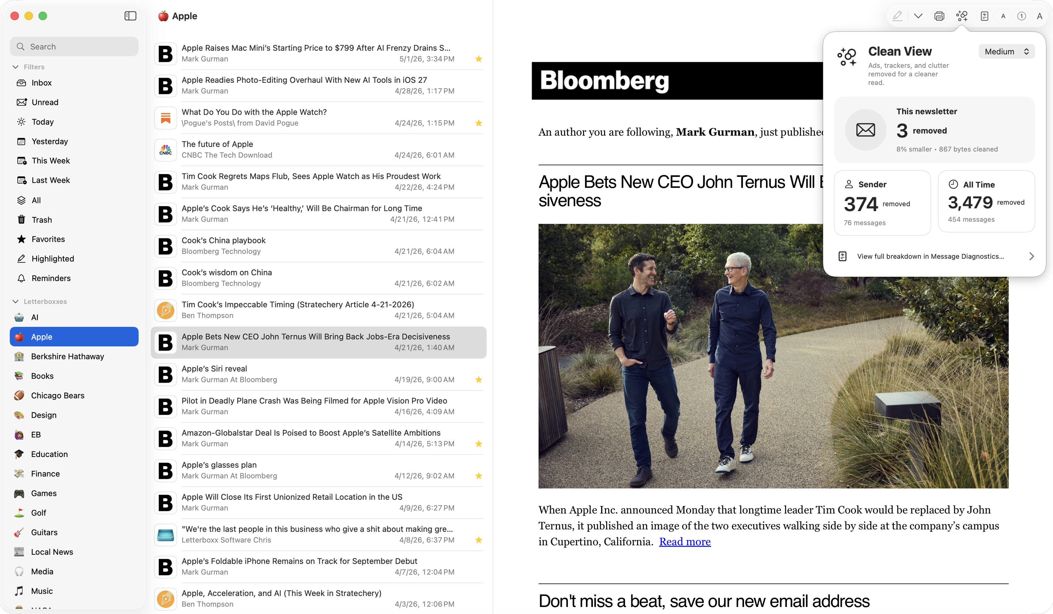 Letterboxx Clean View showing the reader with newsletter privacy tools visible