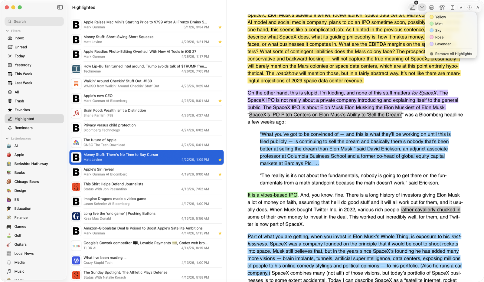 Letterboxx highlights view for saved newsletter passages