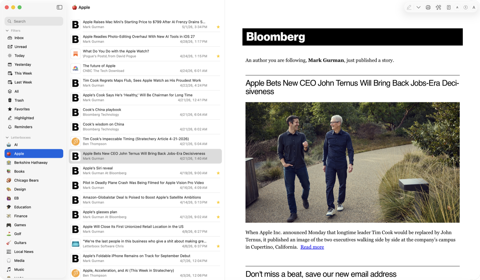 Letterboxx newsletter reader with newsletter list and reading pane