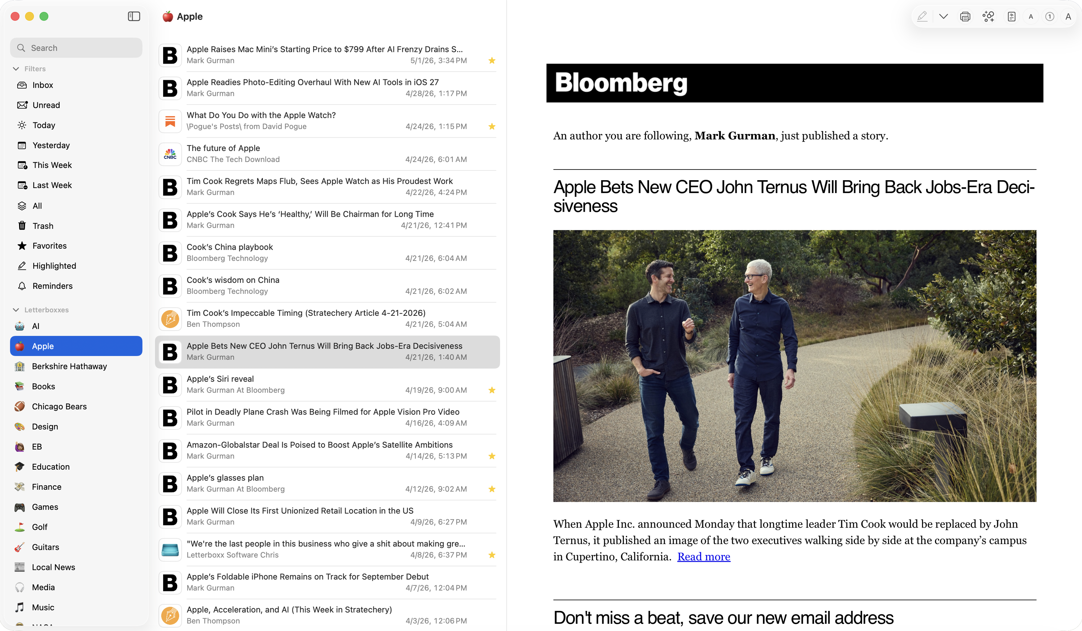 Letterboxx newsletter reader showing smart filters, Letterboxxes, newsletter list, and the reader pane