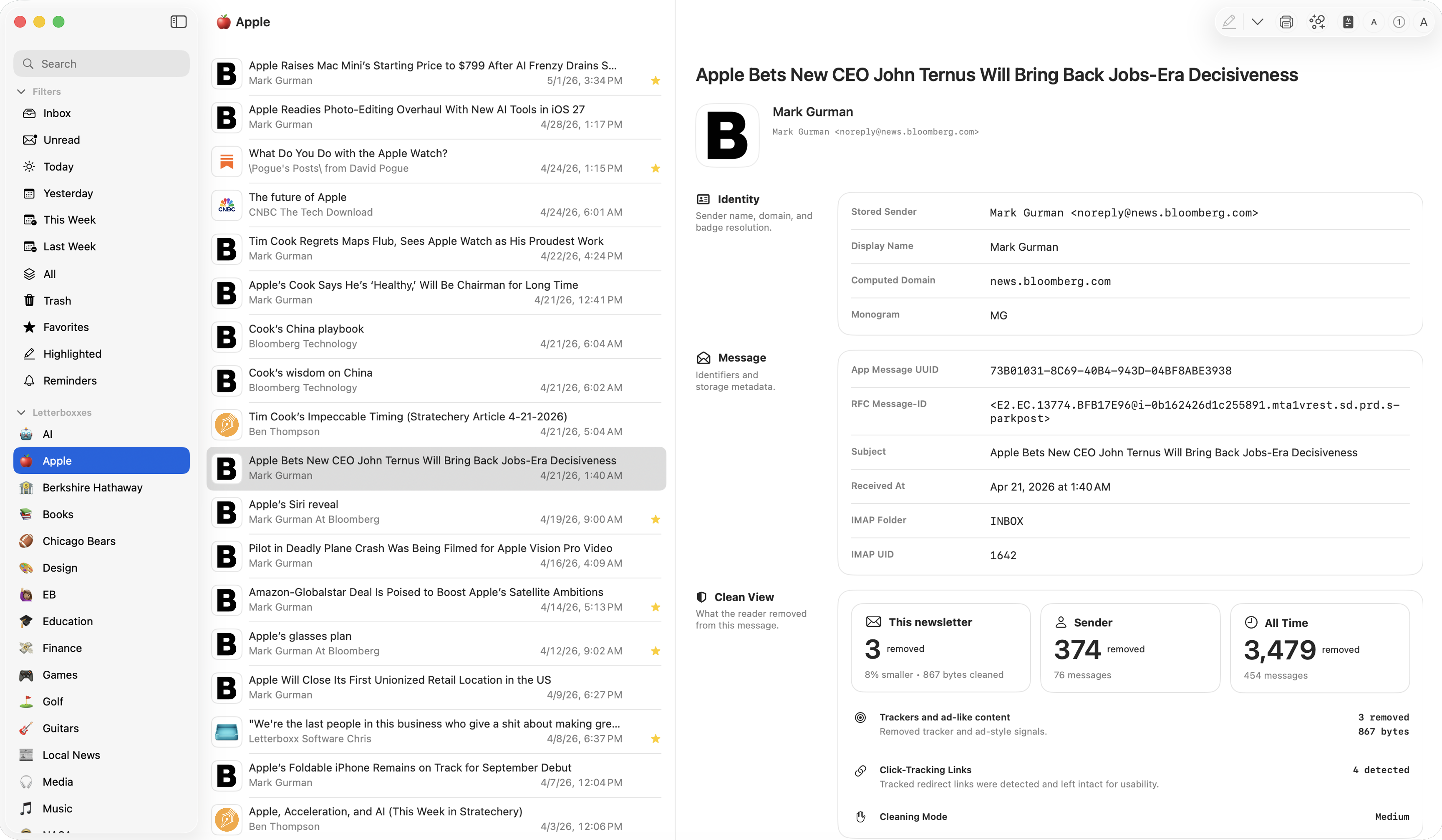 Letterboxx Message Diagnostics shown inline beside the selected newsletter