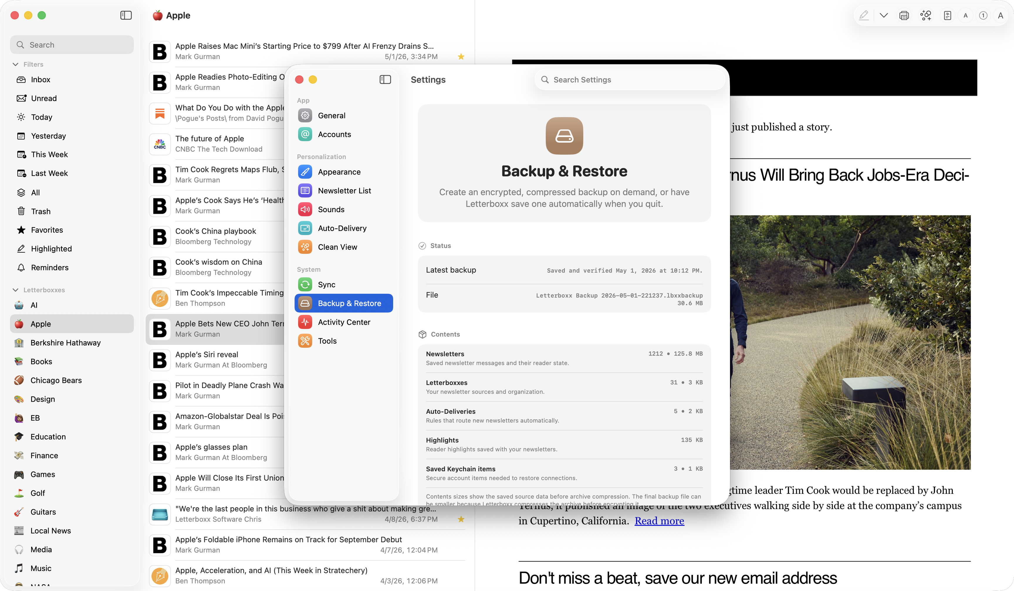 Letterboxx Backup and Restore settings for protecting newsletter data