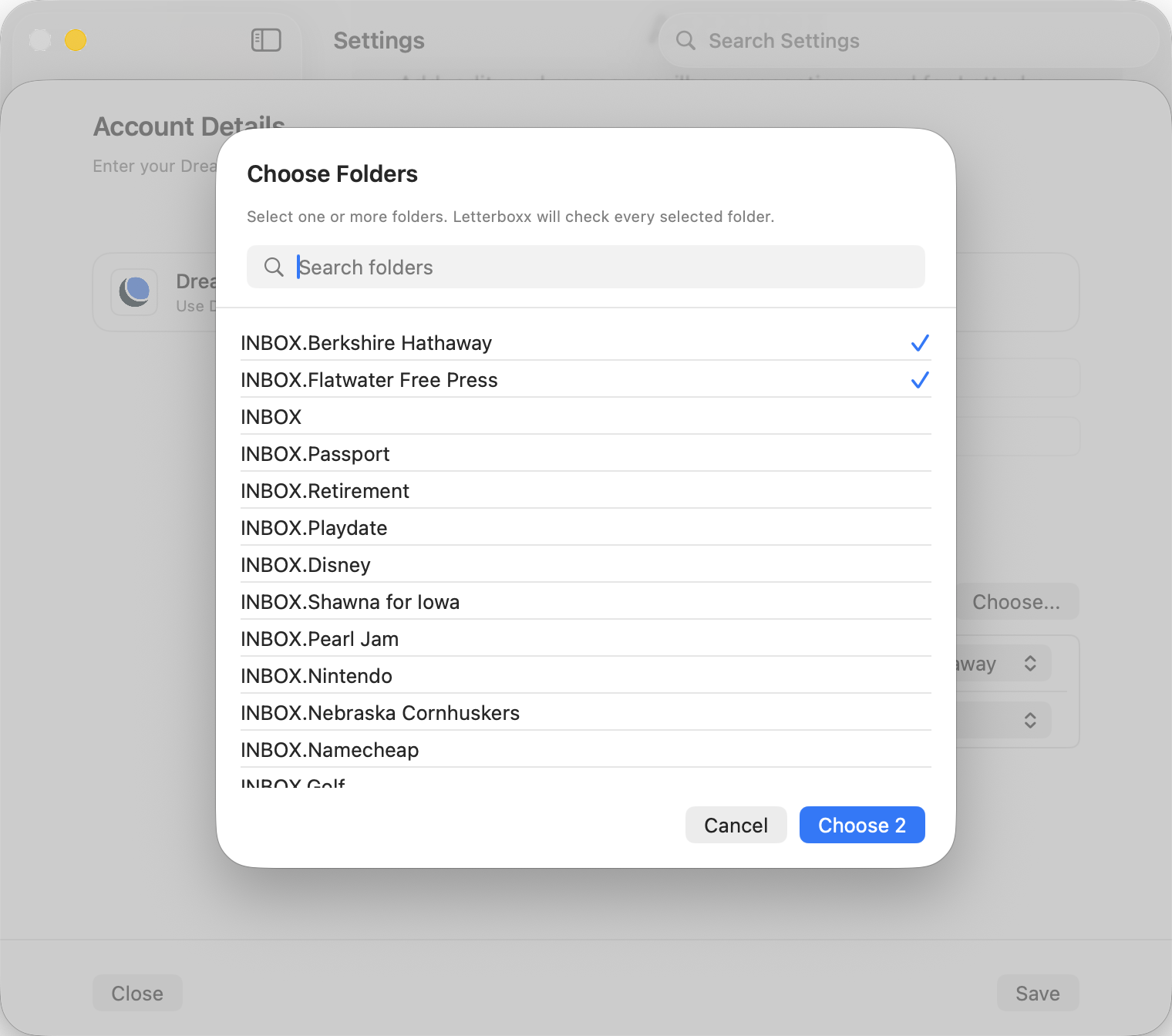 Choose only the server folders Letterboxx should treat as newsletter sources.