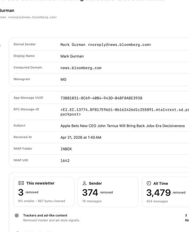 The diagnostics panel gathers sender, header, Clean View, source, and unsubscribe details.