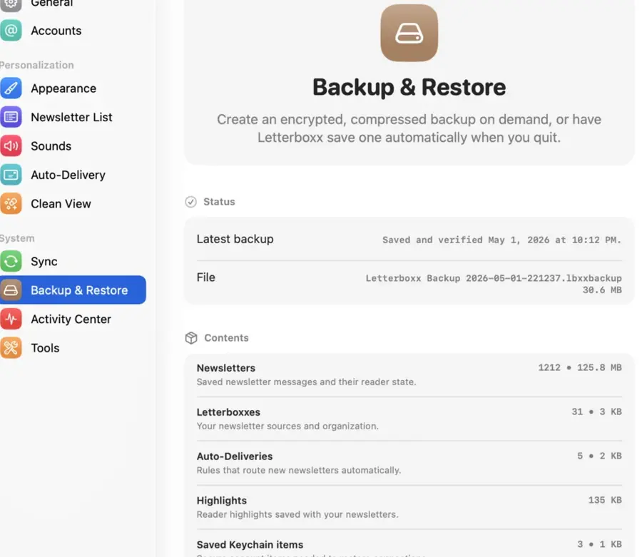 Automatic backups can save an encrypted archive when you quit Letterboxx.
