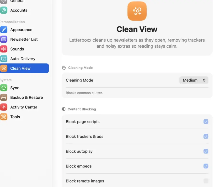 Clean View settings let you choose how much cleanup Letterboxx should do.