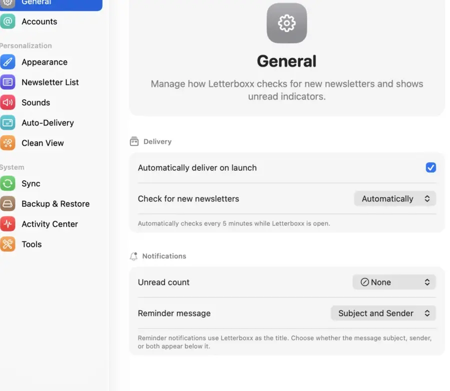 General settings control delivery, badges, and reminder notifications.