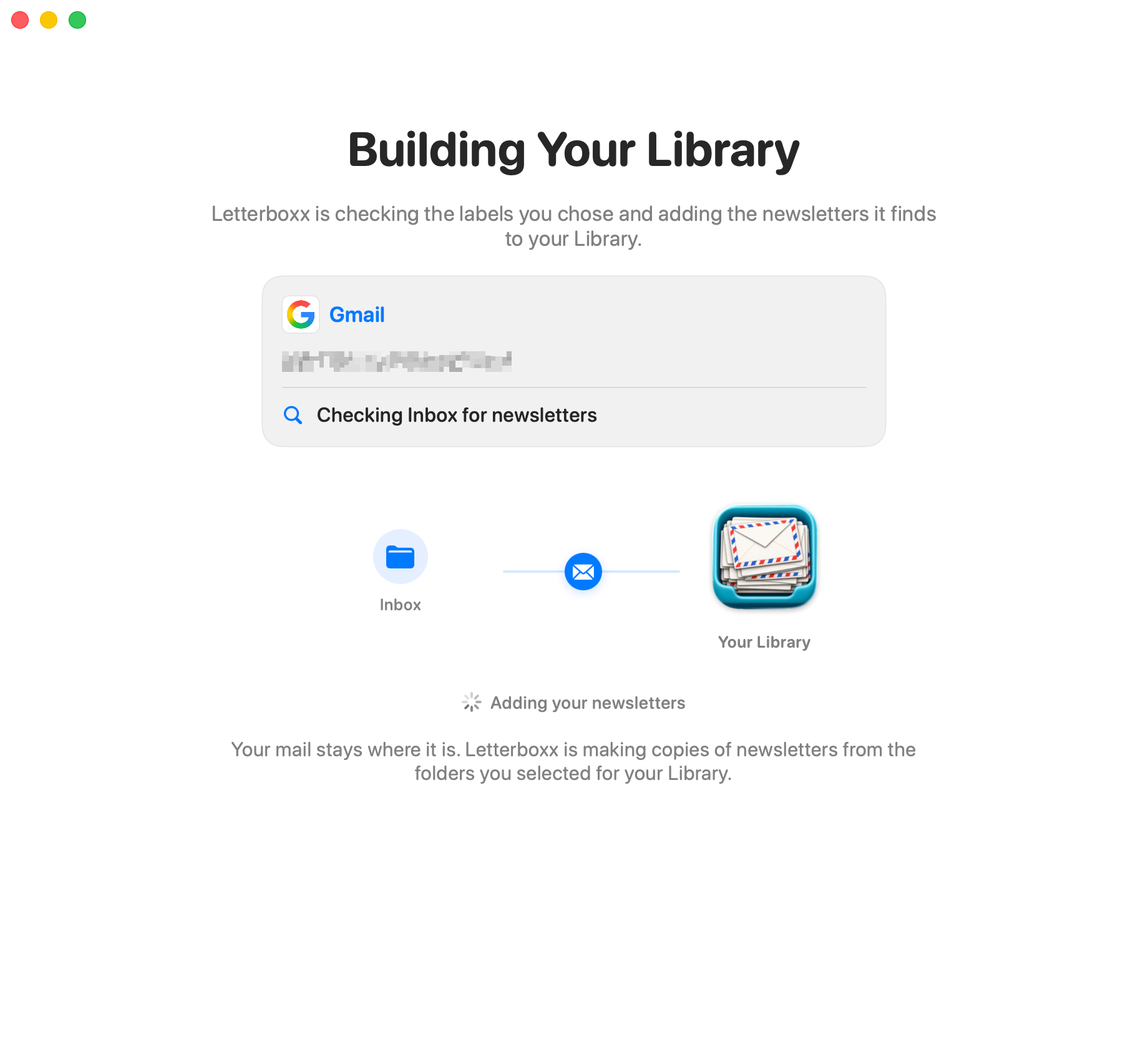 Building Your Library screen showing Letterboxx checking an email account for newsletters and adding local copies to the library.