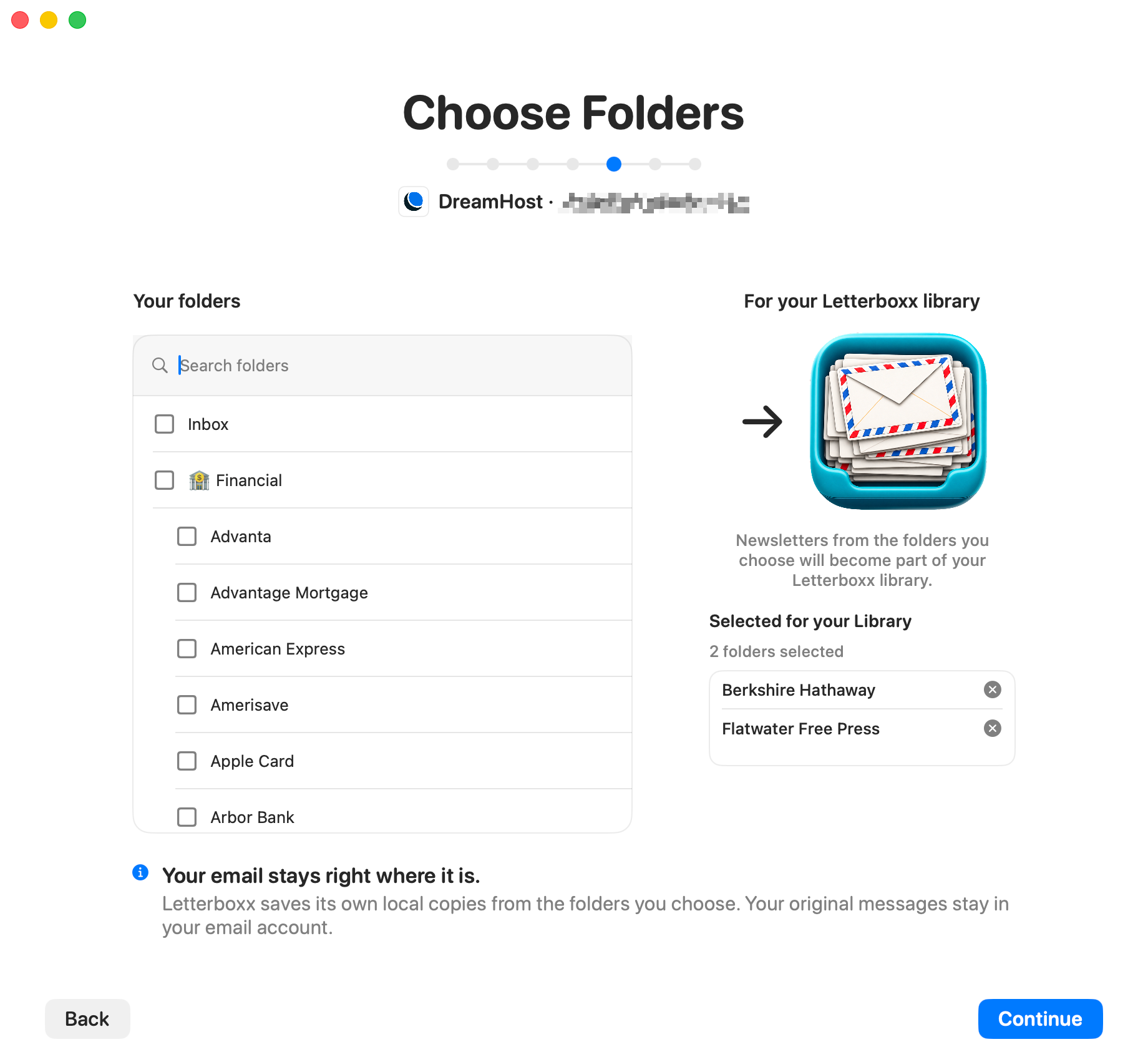 Letterboxx folder selection screen showing DreamHost folders being selected for the Letterboxx library.