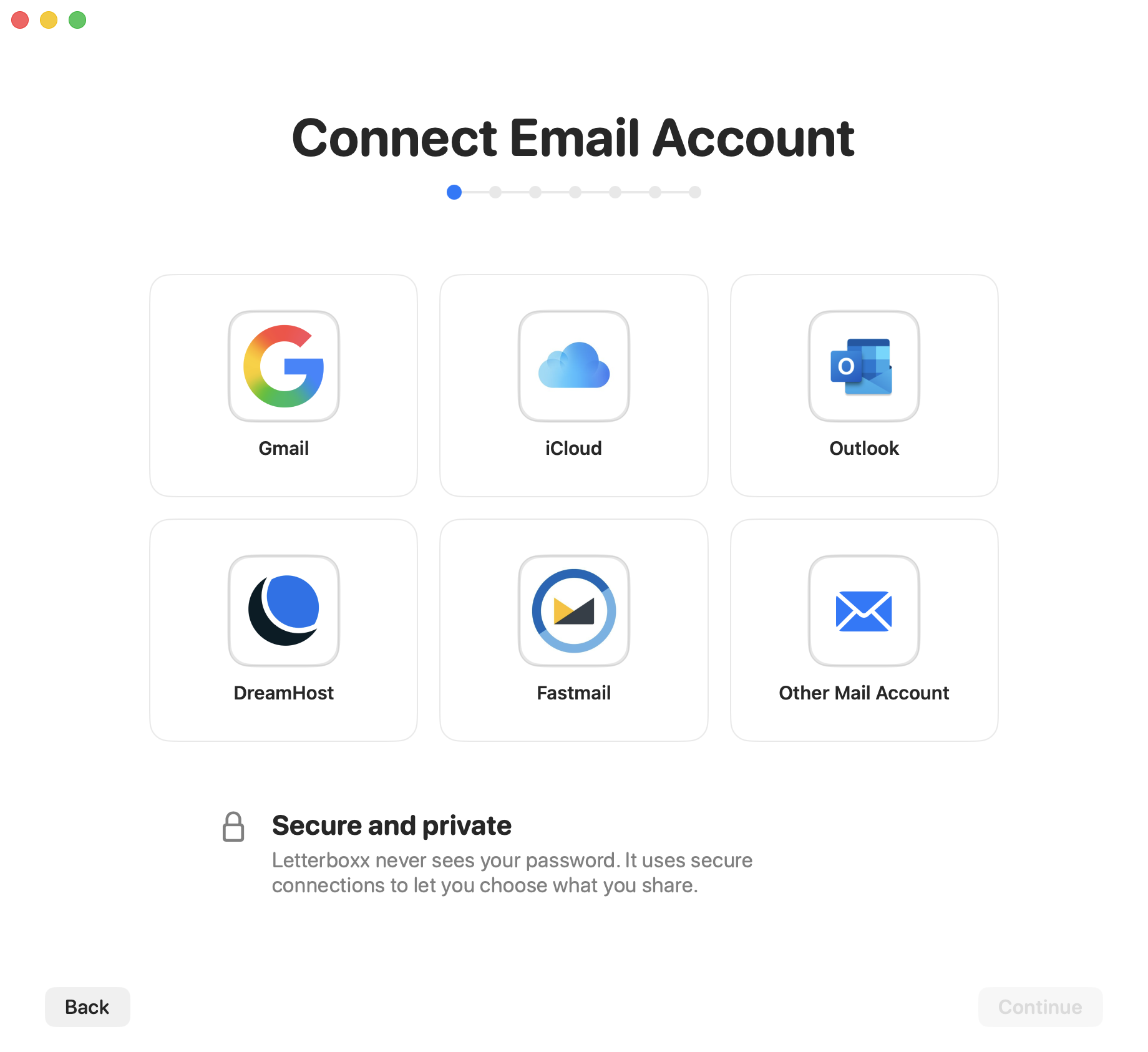 Letterboxx account connection screen showing Gmail, iCloud, Outlook, DreamHost, Fastmail, and Other Mail Account options.