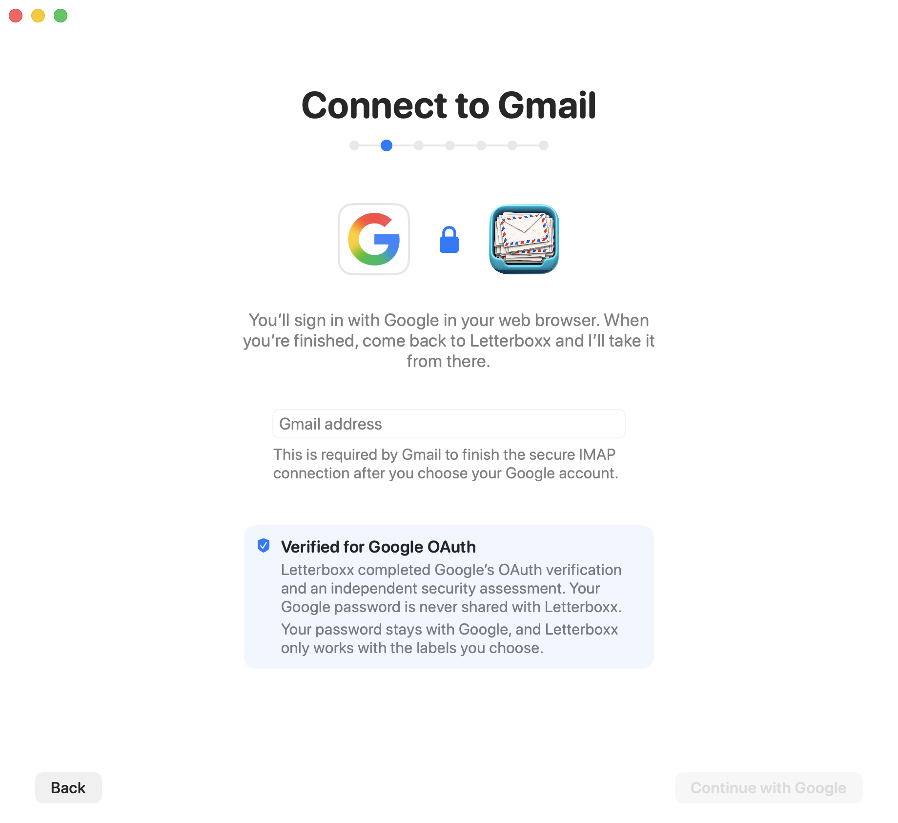 Letterboxx Gmail connection screen explaining Google authorization and password privacy.