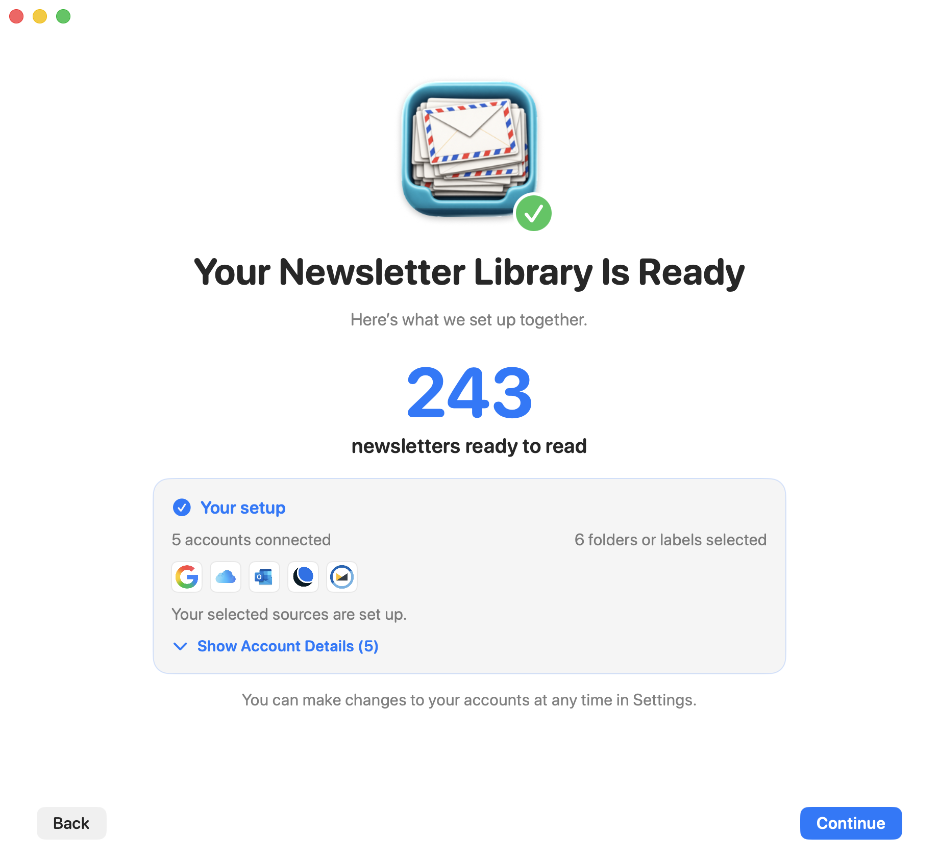 Newsletter Library Is Ready screen showing 243 newsletters, five connected accounts, and six selected folders or labels.