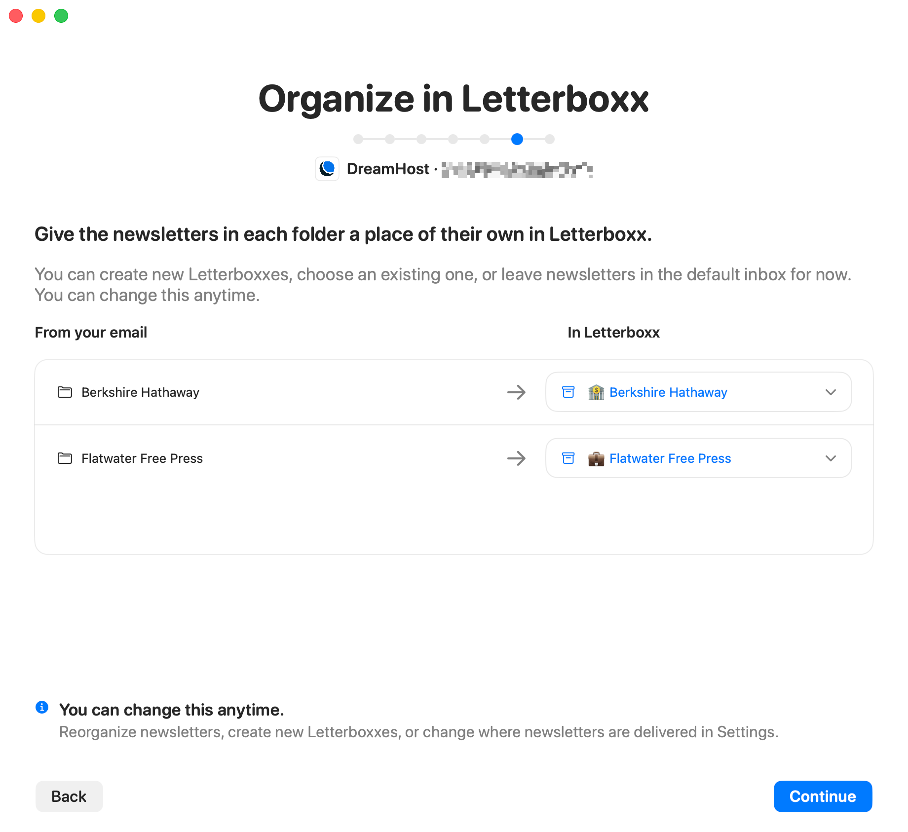 Organize in Letterboxx screen showing email folders mapped into named Letterboxxes.