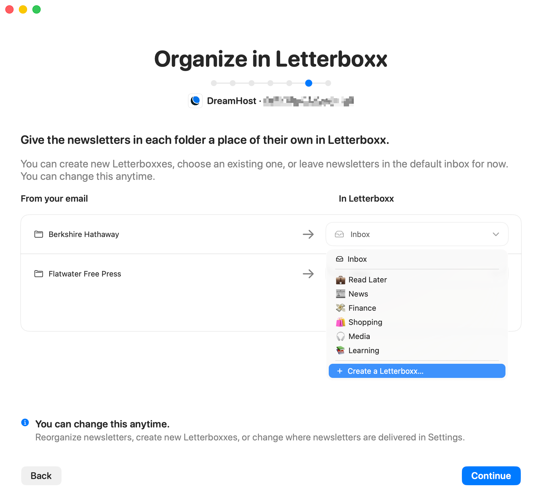 Organize in Letterboxx screen showing existing Letterboxxes and the option to create a new Letterboxx during setup.