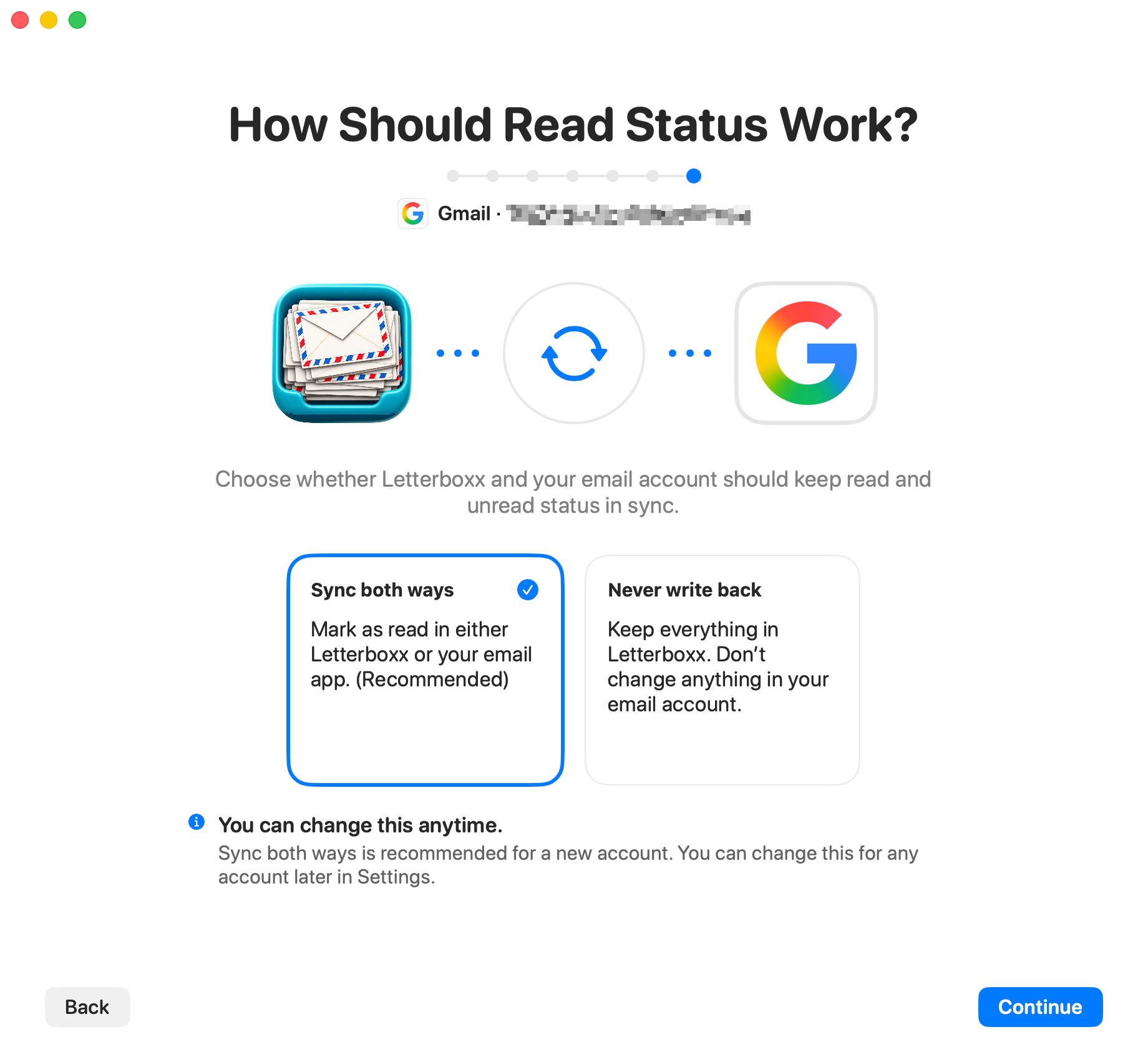 Read Status setup screen showing Sync both ways and Never write back options for a Gmail account.