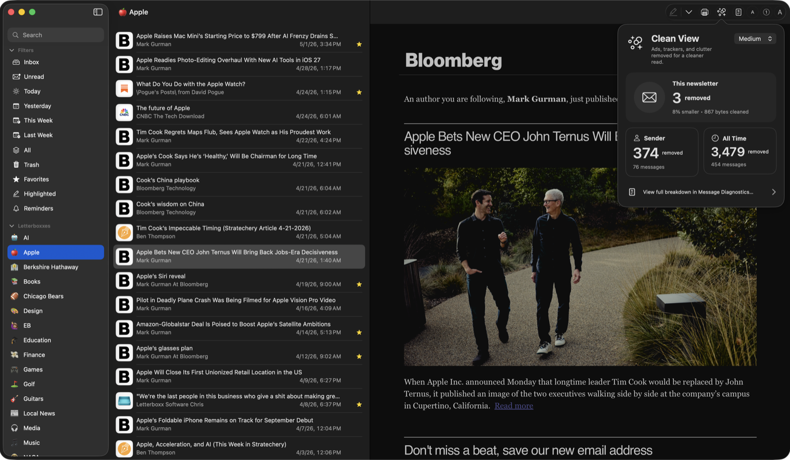 Letterboxx reader in dark appearance with Clean View simplifying newsletter content for focused reading