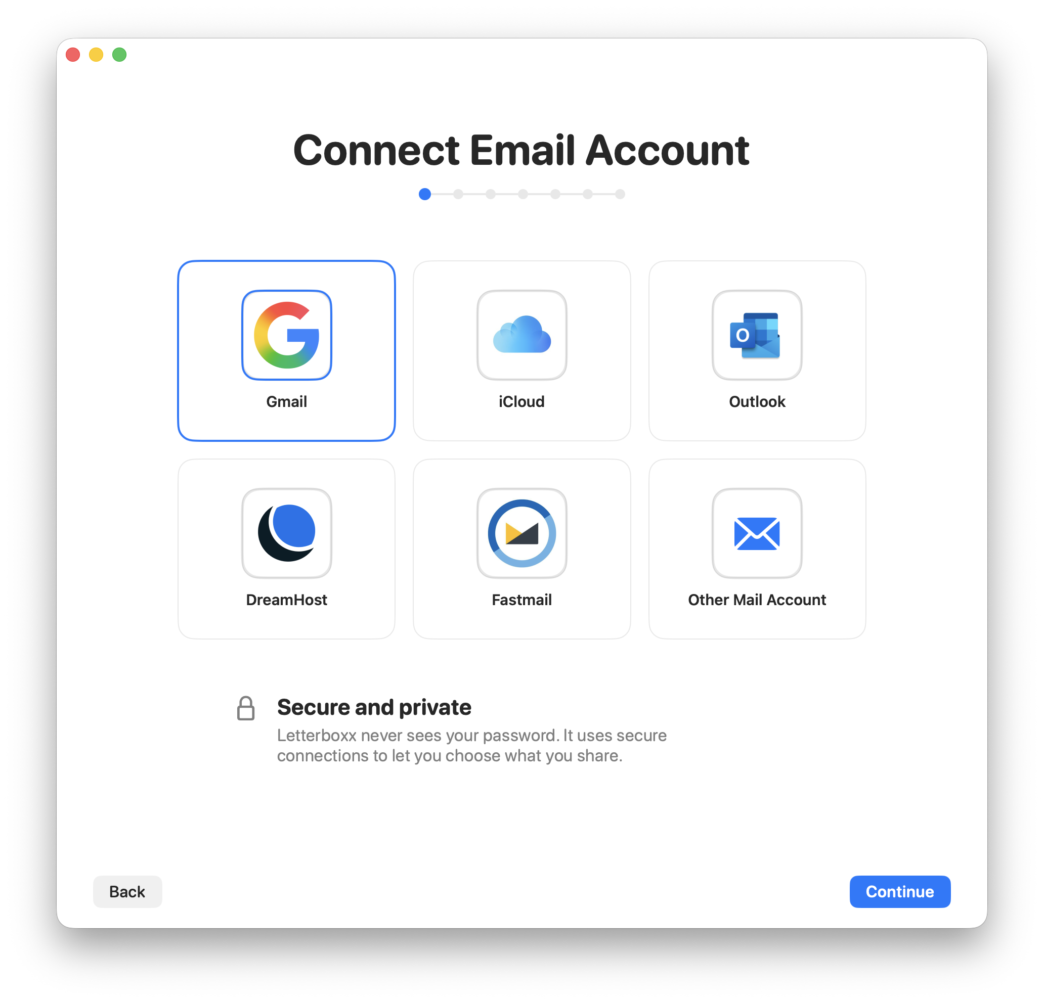 Letterboxx shows its supported email account providers during setup
