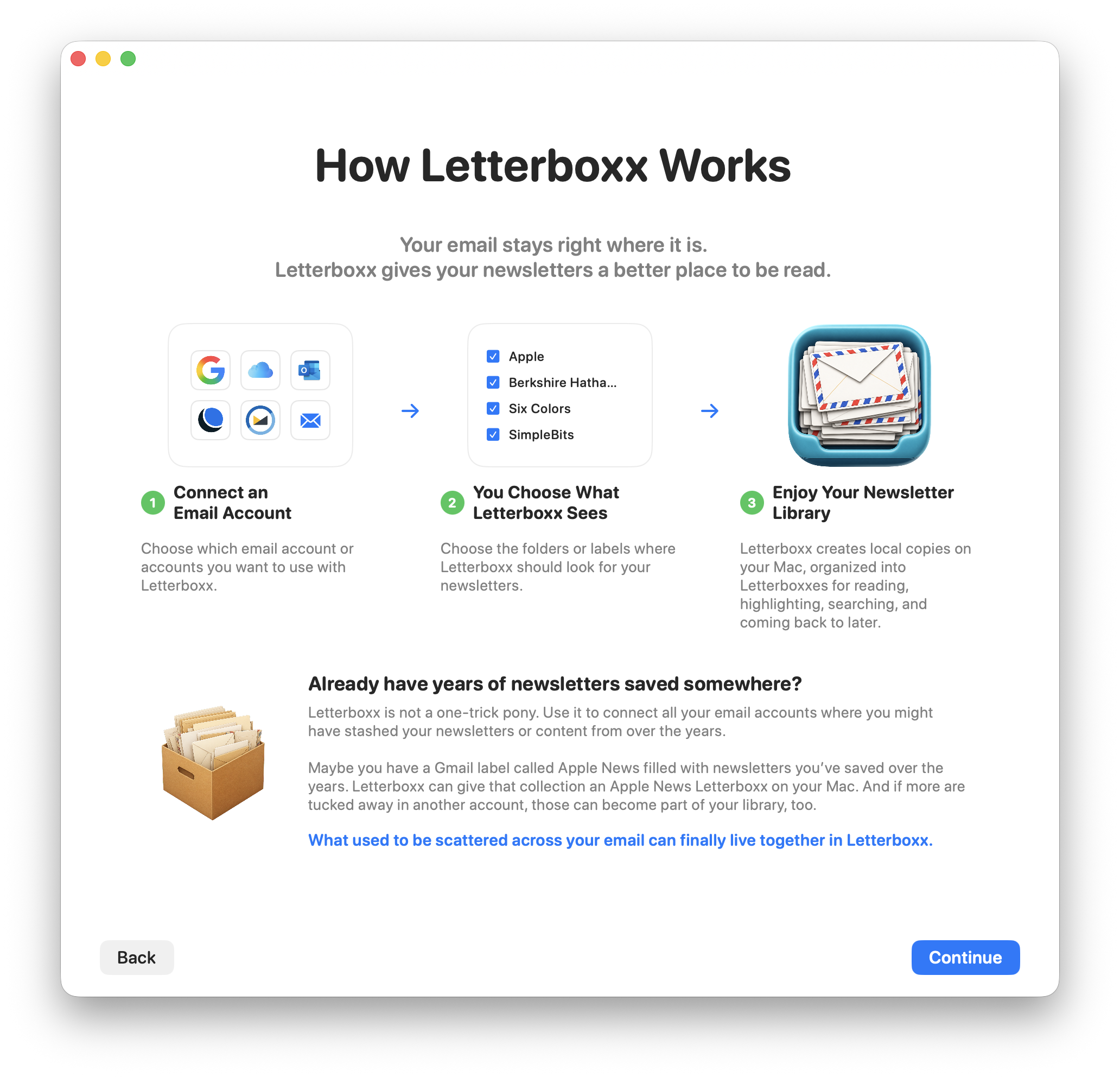 The Letterboxx setup screen explains how the app creates a local library for newsletters