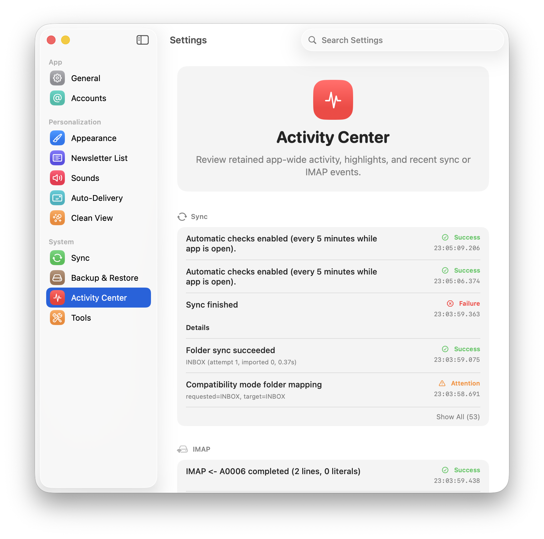 Letterboxx Activity Center settings window with app events and maintenance context