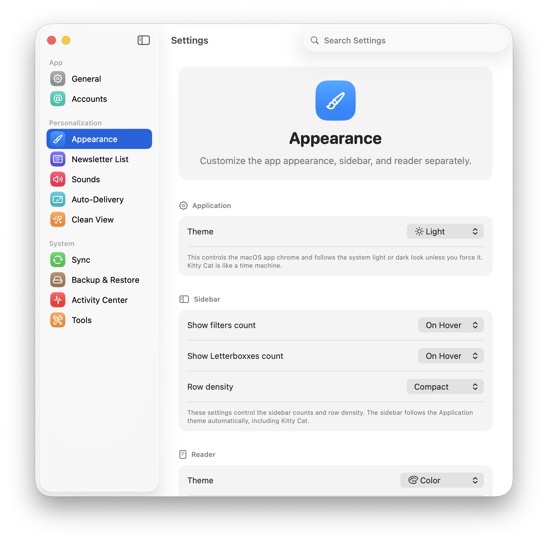Letterboxx Appearance settings window