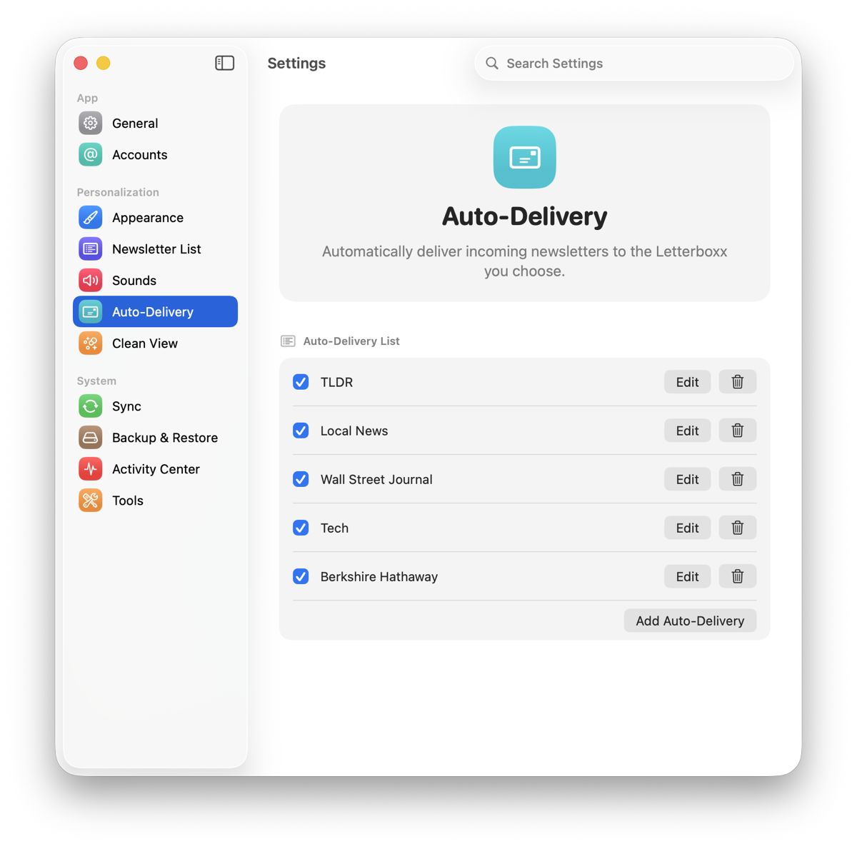 Letterboxx Auto-Delivery settings for routing newsletters