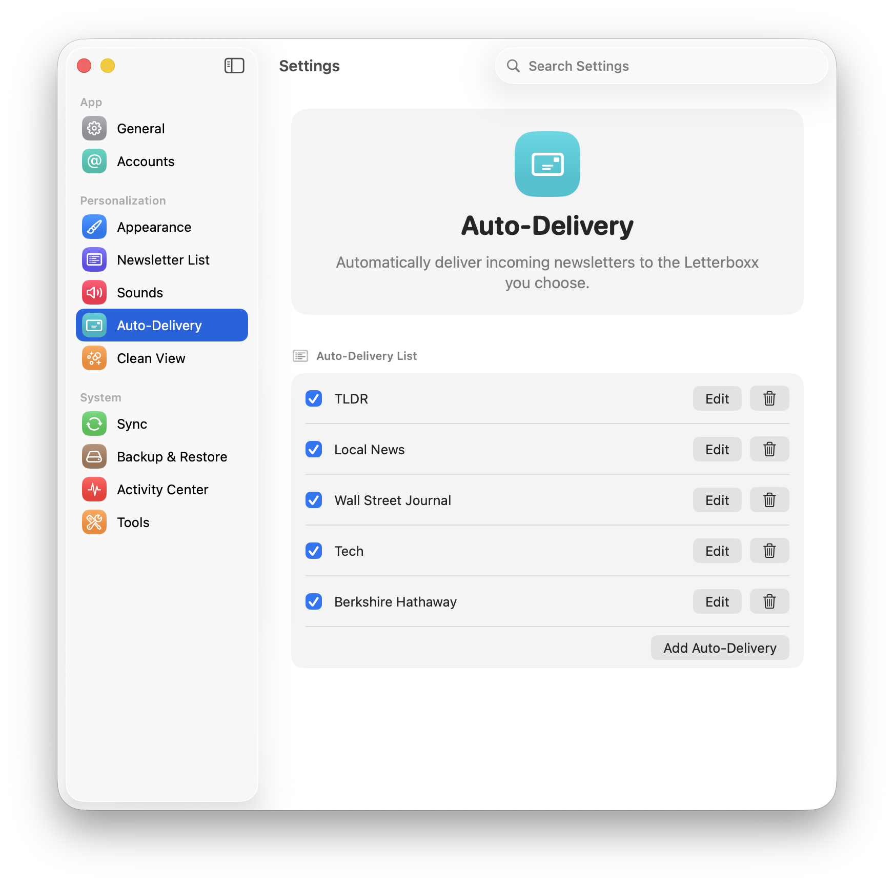 Letterboxx Auto-Delivery settings window
