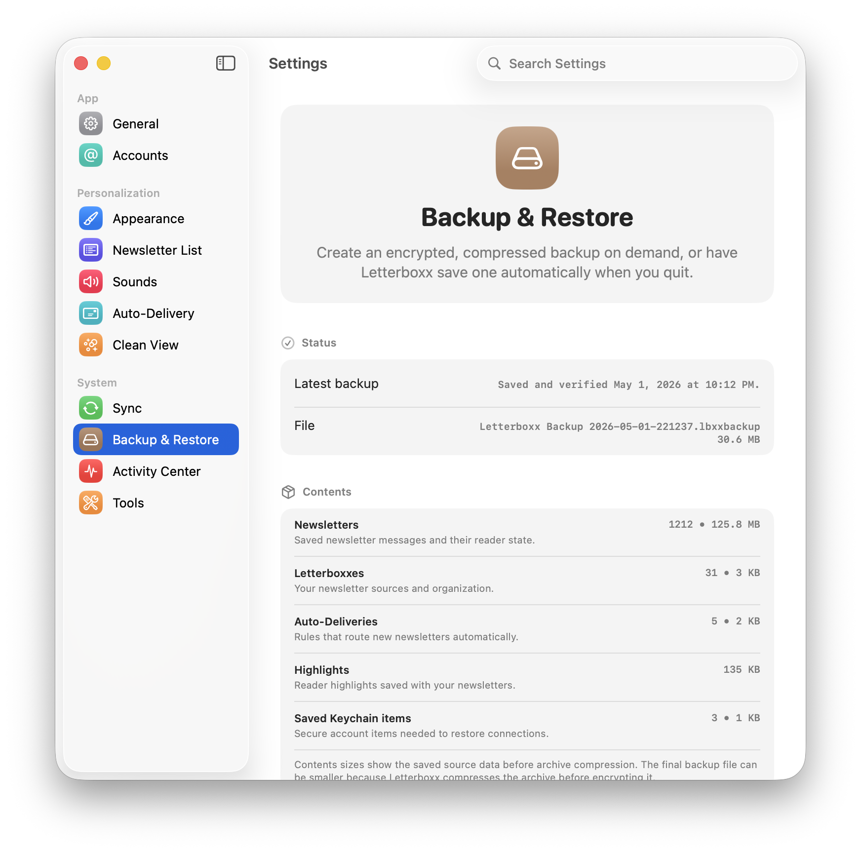 Letterboxx Backup and Restore settings window for protecting newsletter data