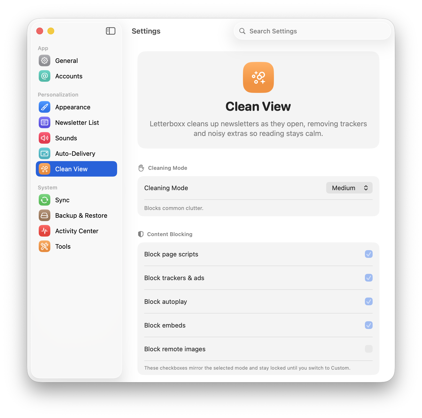 Letterboxx Clean View settings showing privacy mode and removal reporting