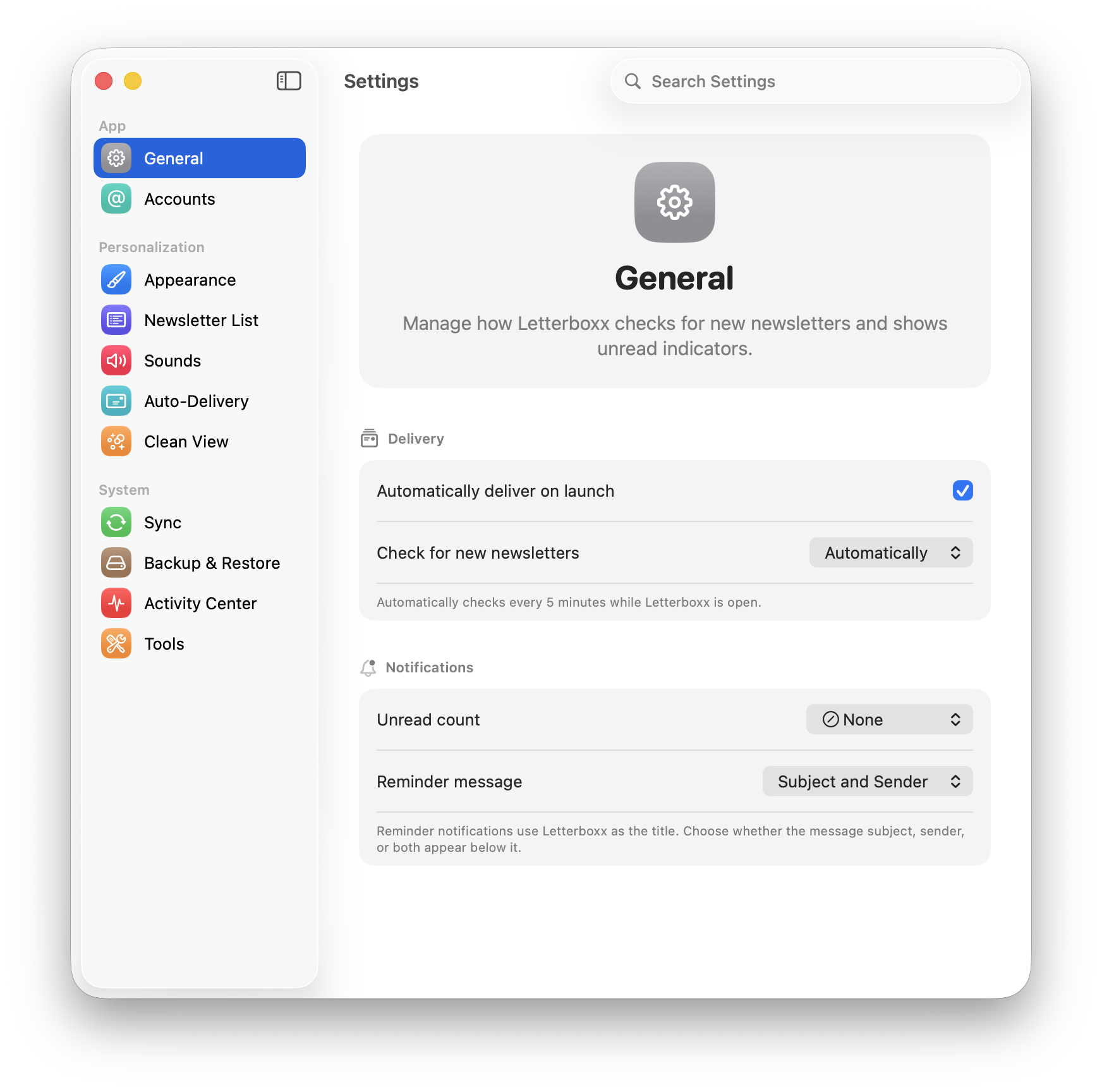 Letterboxx settings window for shaping workspace behavior