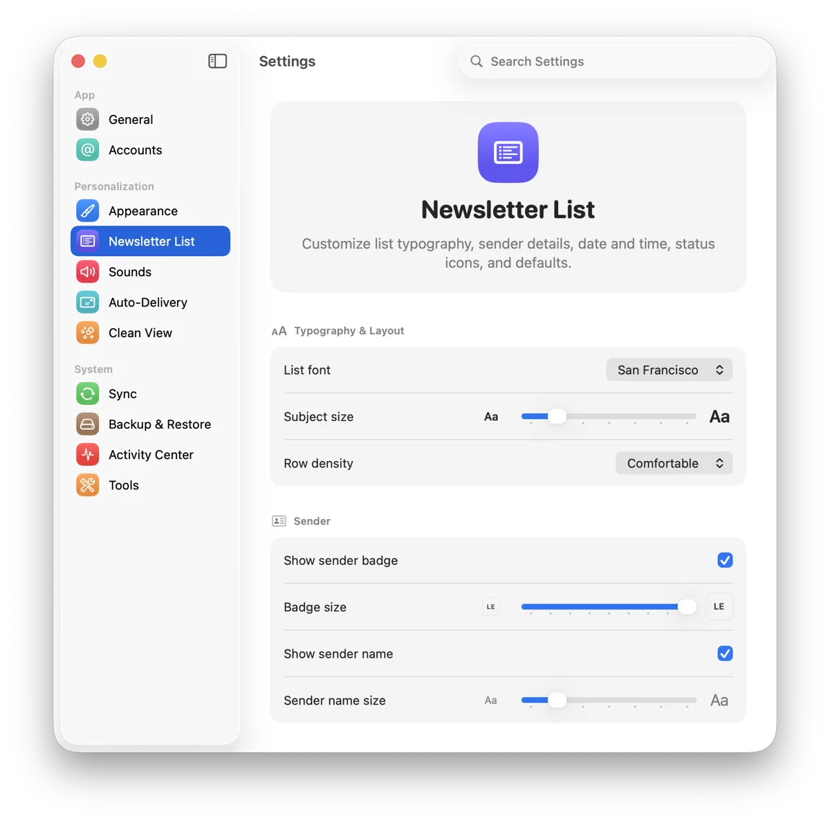 Newsletter List settings adjust typography, density, badges, dates, and status icons.